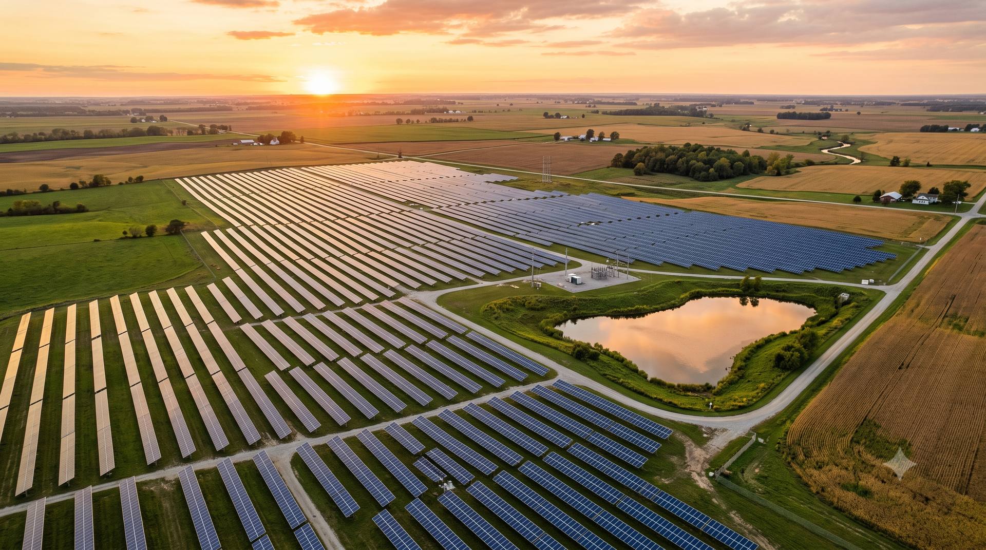 Aerial view of homes with rooftop solar at sunset